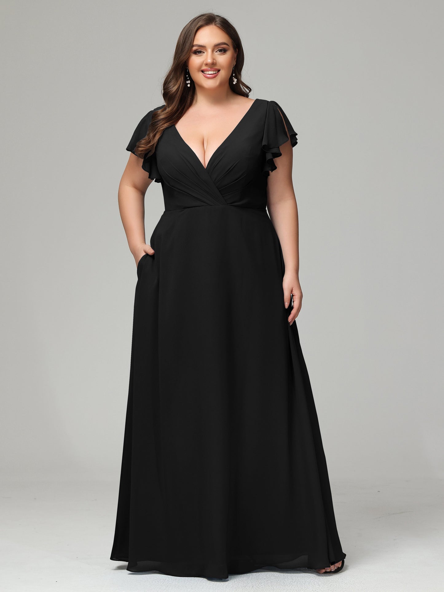 V Neck Chiffon Plus Size Long Bridesmaid Dresses with Sleeves