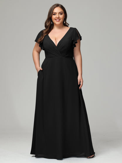 V Neck Chiffon Plus Size Long Bridesmaid Dresses with Sleeves