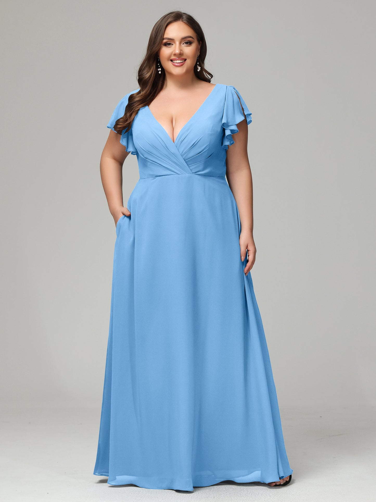 V Neck Chiffon Plus Size Long Bridesmaid Dresses with Sleeves