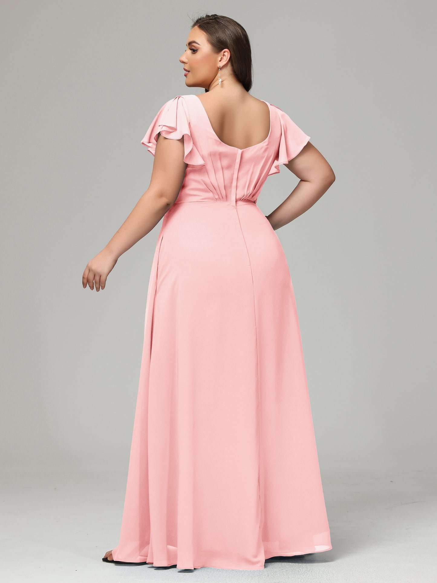 V Neck Chiffon Plus Size Long Bridesmaid Dresses with Sleeves