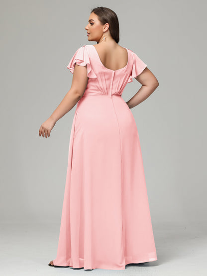 V Neck Chiffon Plus Size Long Bridesmaid Dresses with Sleeves