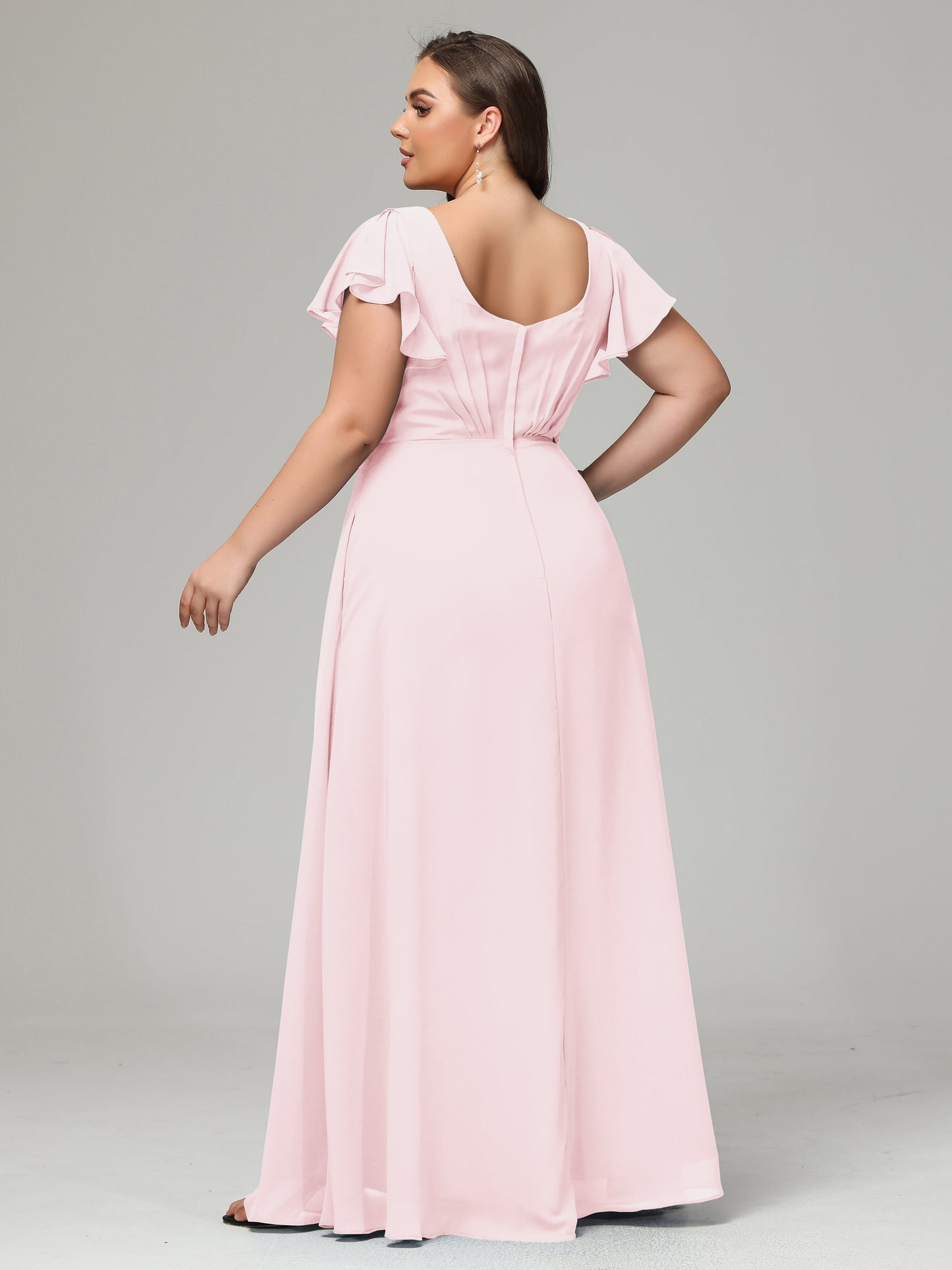 V Neck Chiffon Plus Size Long Bridesmaid Dresses with Sleeves