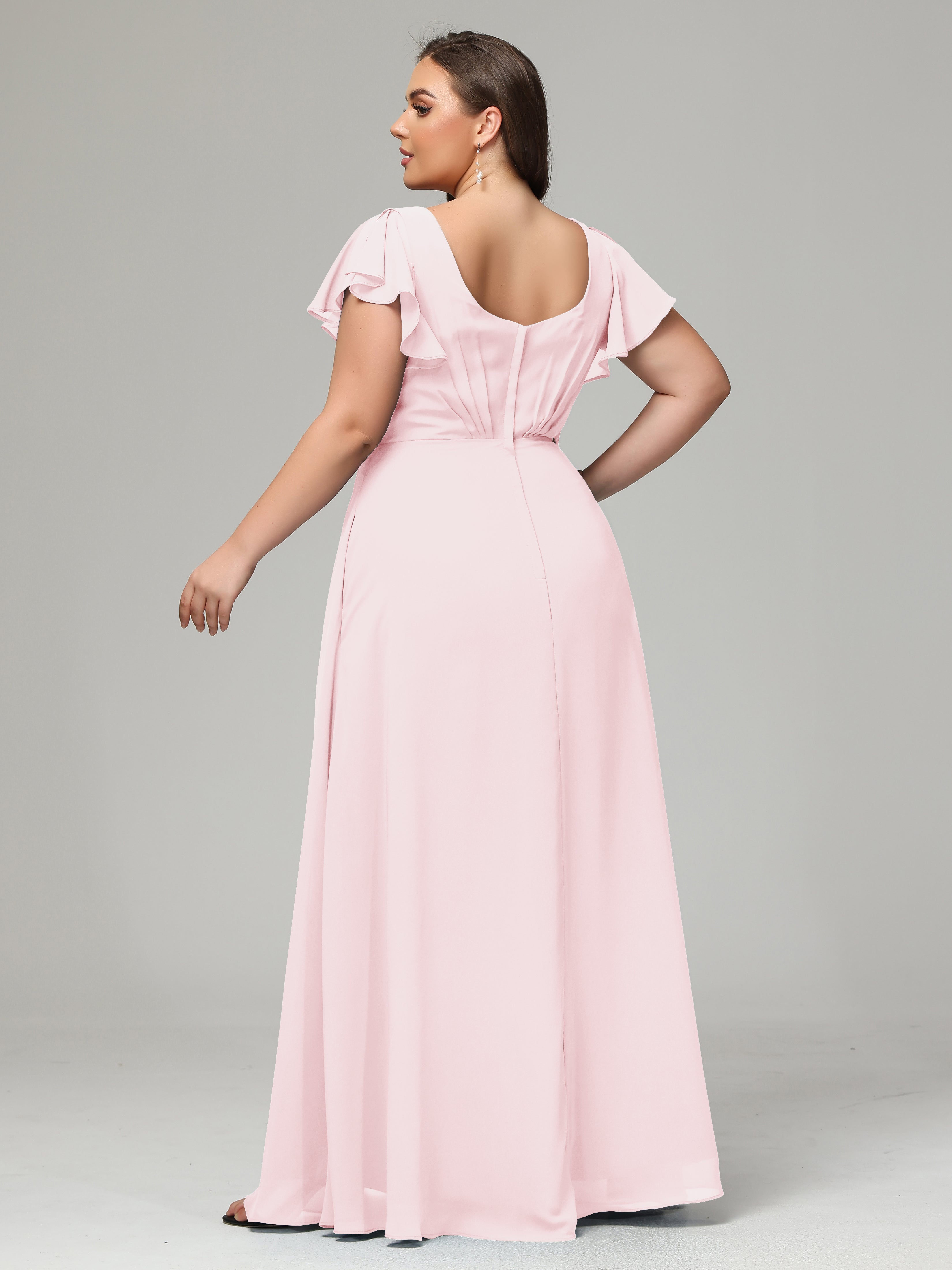 V Neck Chiffon Plus Size Long Bridesmaid Dresses with Sleeves