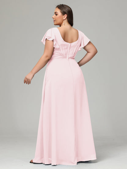 V Neck Chiffon Plus Size Long Bridesmaid Dresses with Sleeves