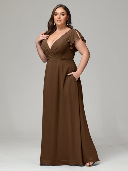 V Neck Chiffon Plus Size Long Bridesmaid Dresses with Sleeves