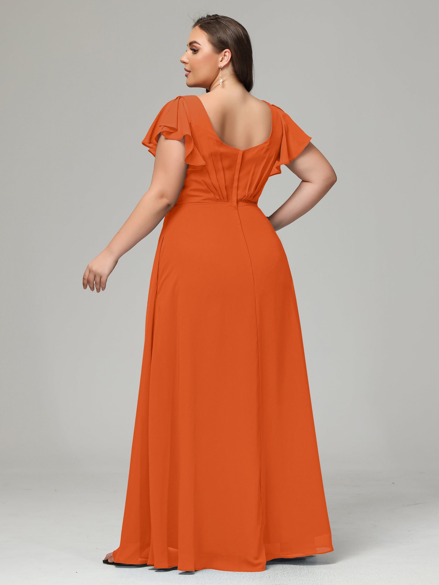V Neck Chiffon Plus Size Long Bridesmaid Dresses with Sleeves