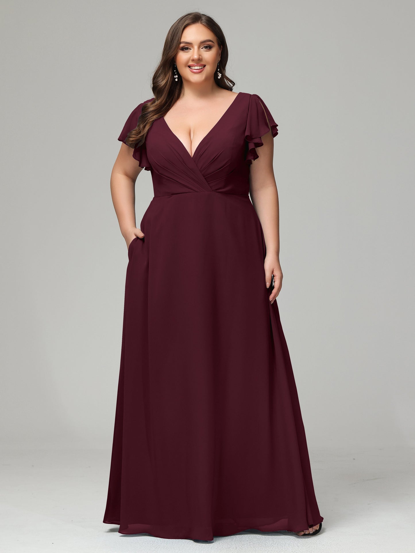 V Neck Chiffon Plus Size Long Bridesmaid Dresses with Sleeves