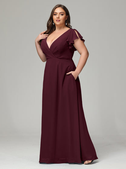 V Neck Chiffon Plus Size Long Bridesmaid Dresses with Sleeves