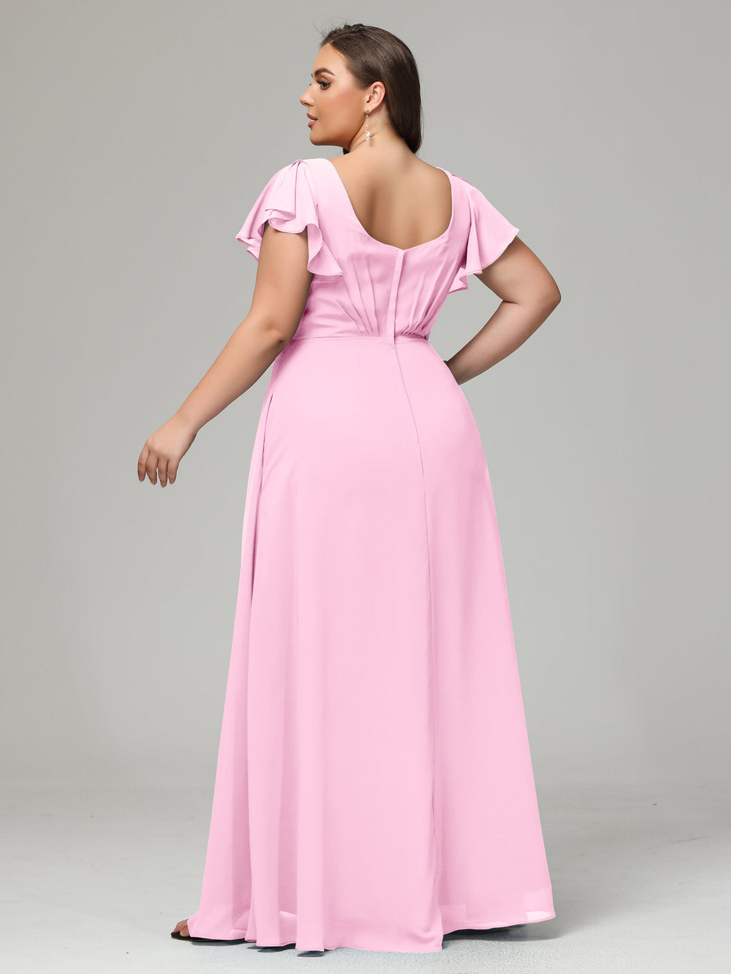 V Neck Chiffon Plus Size Long Bridesmaid Dresses with Sleeves