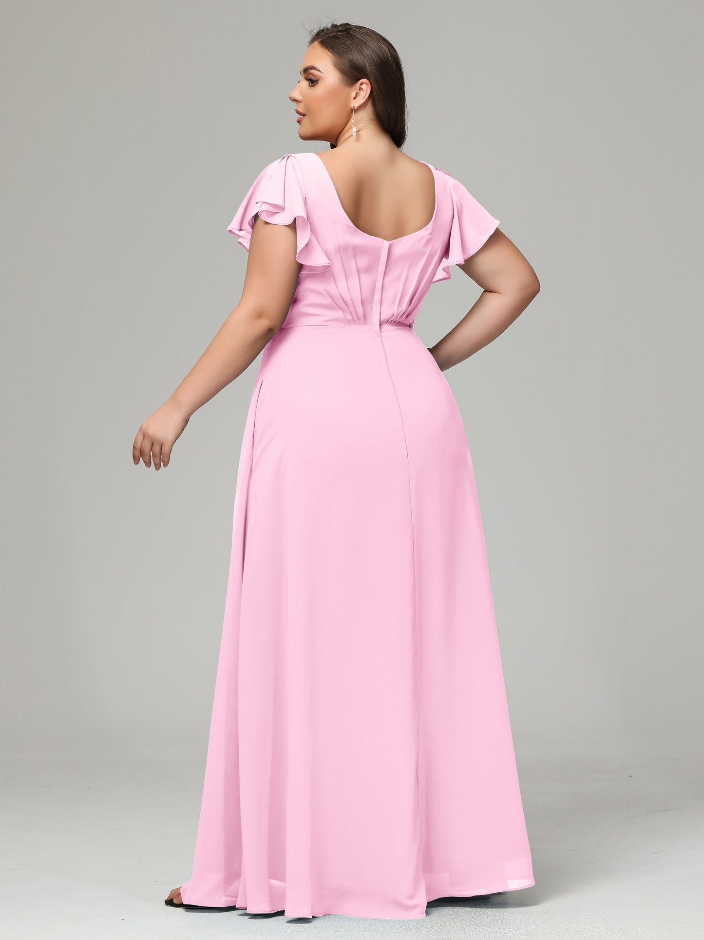 V Neck Chiffon Plus Size Long Bridesmaid Dresses with Sleeves