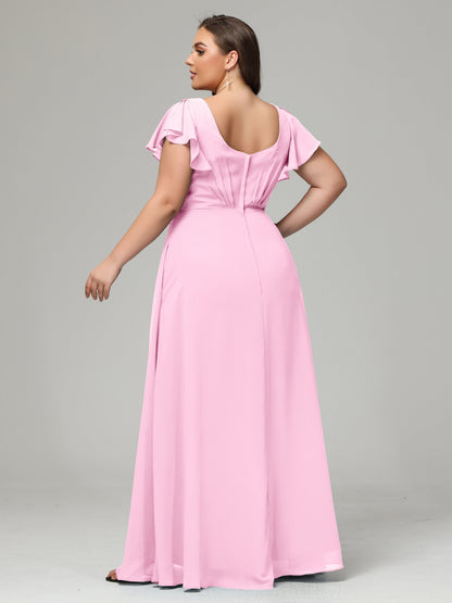 V Neck Chiffon Plus Size Long Bridesmaid Dresses with Sleeves