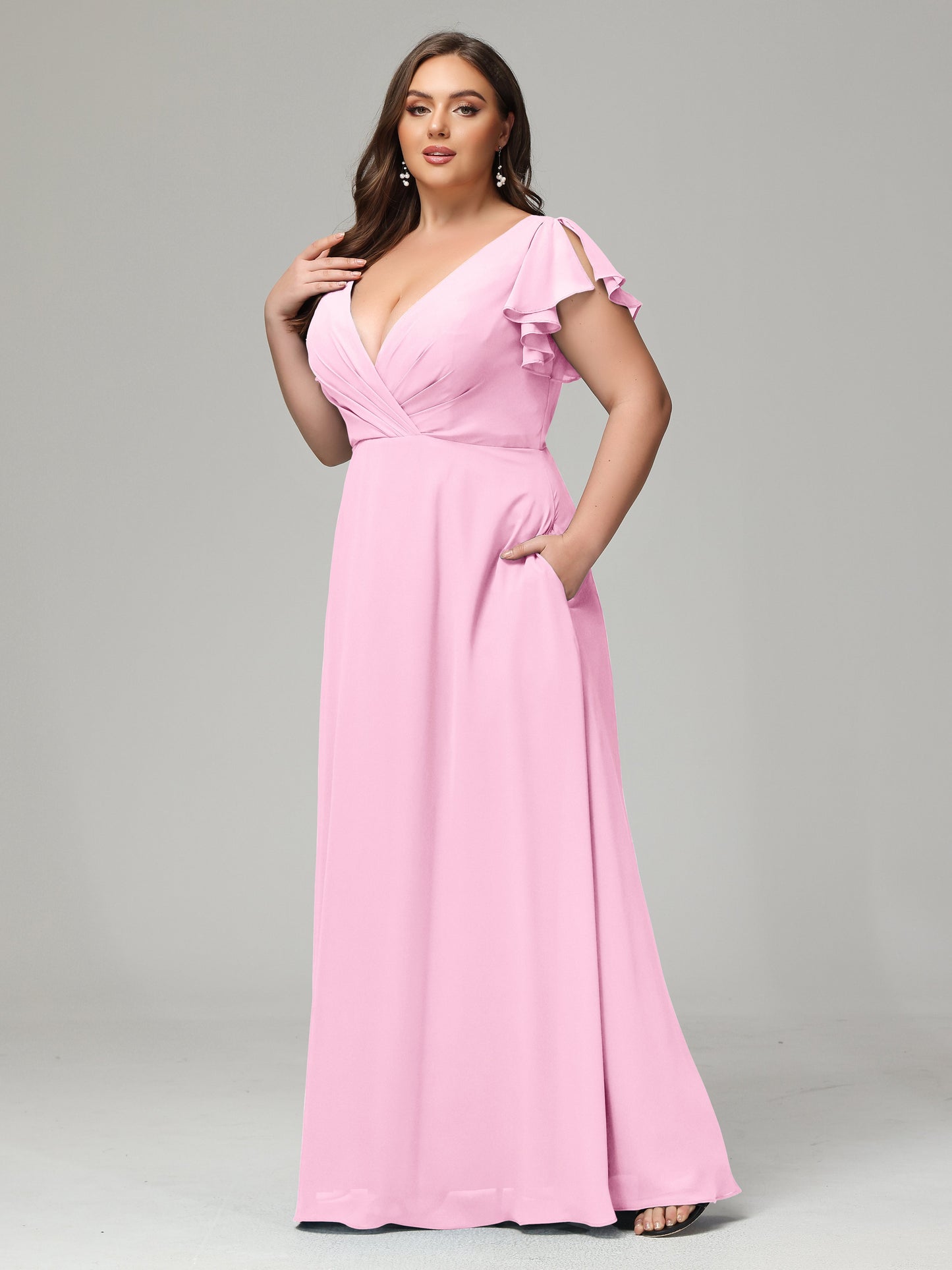 V Neck Chiffon Plus Size Long Bridesmaid Dresses with Sleeves