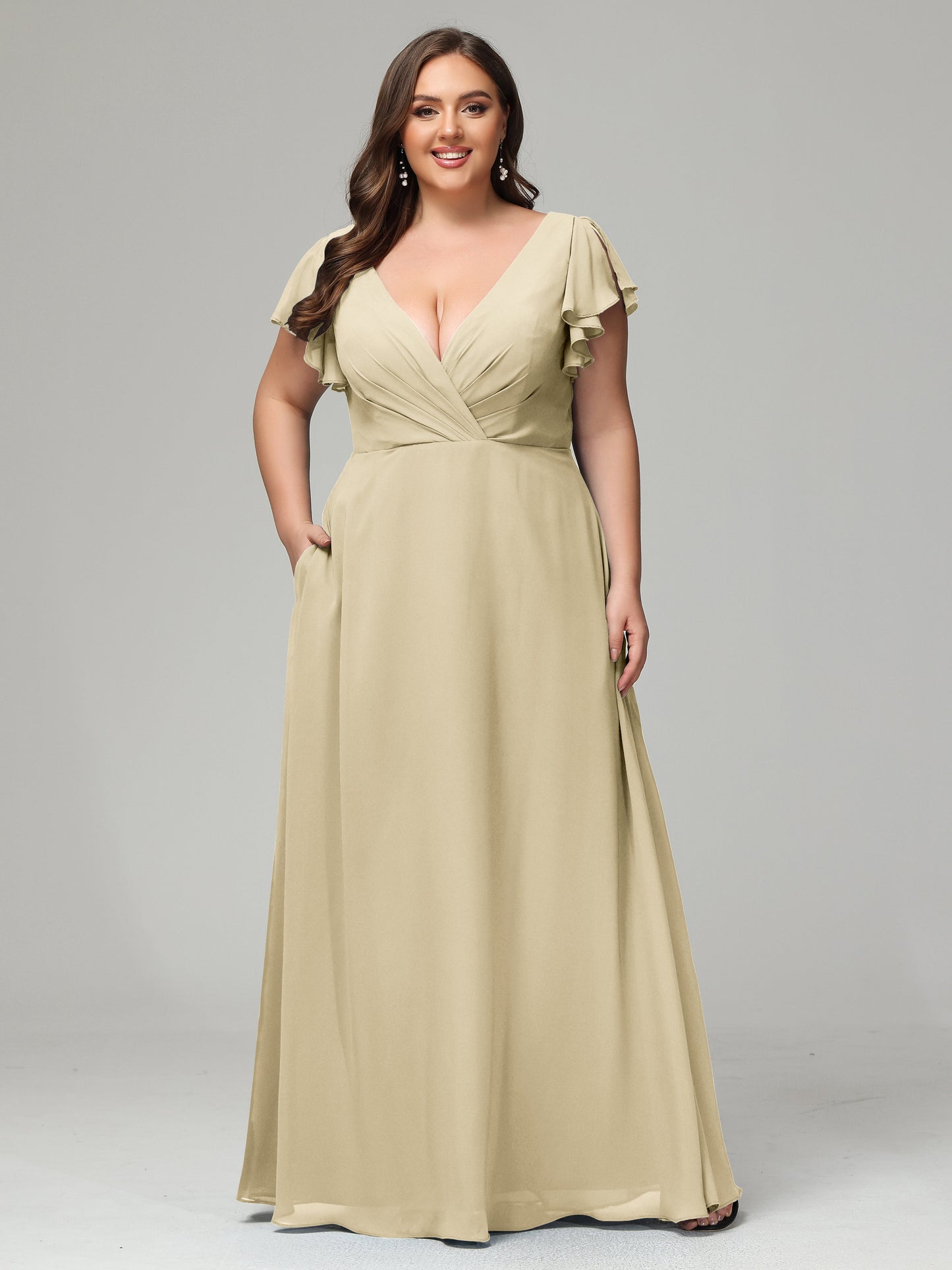 V Neck Chiffon Plus Size Long Bridesmaid Dresses with Sleeves