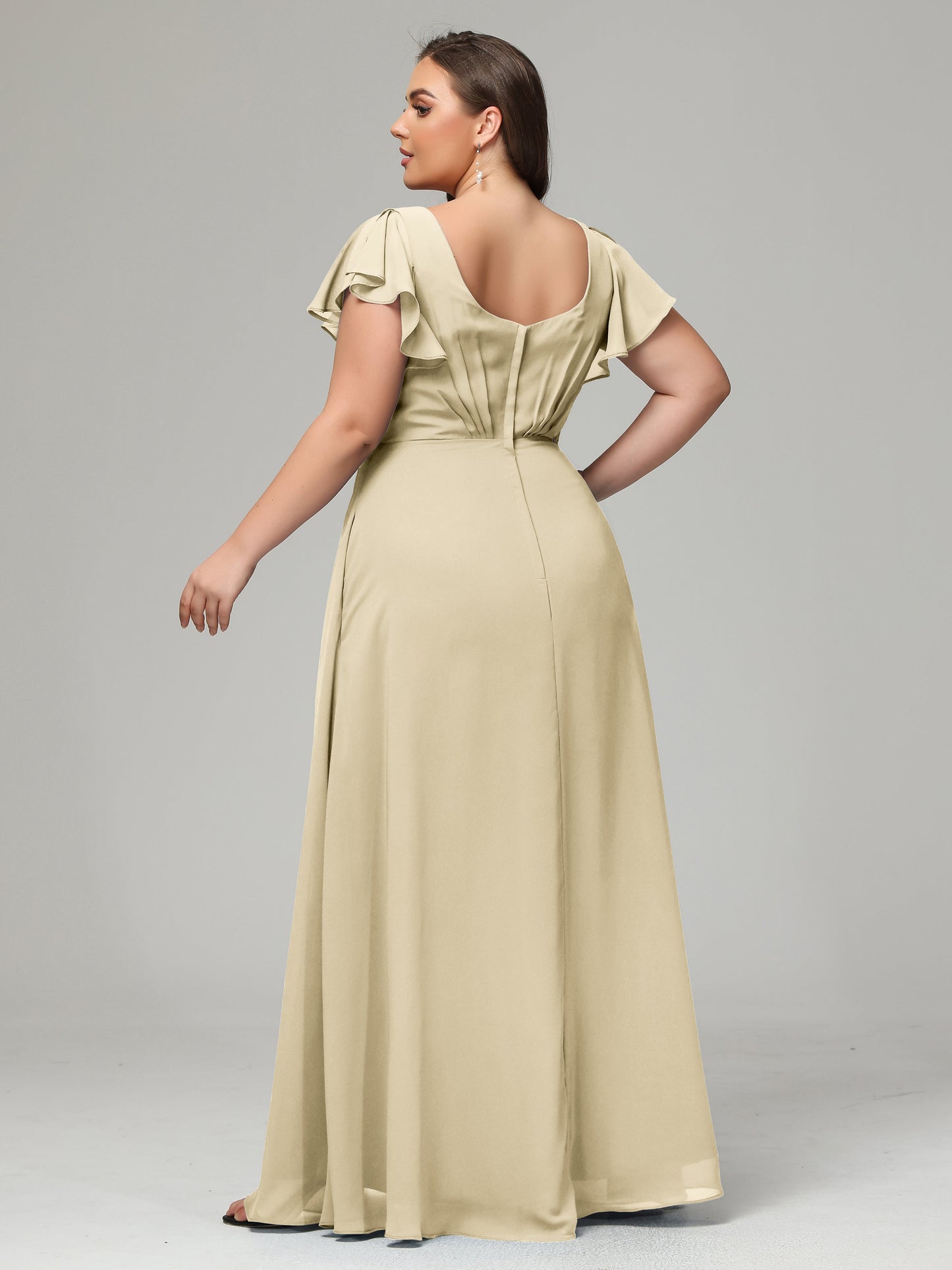 V Neck Chiffon Plus Size Long Bridesmaid Dresses with Sleeves