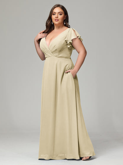 V Neck Chiffon Plus Size Long Bridesmaid Dresses with Sleeves