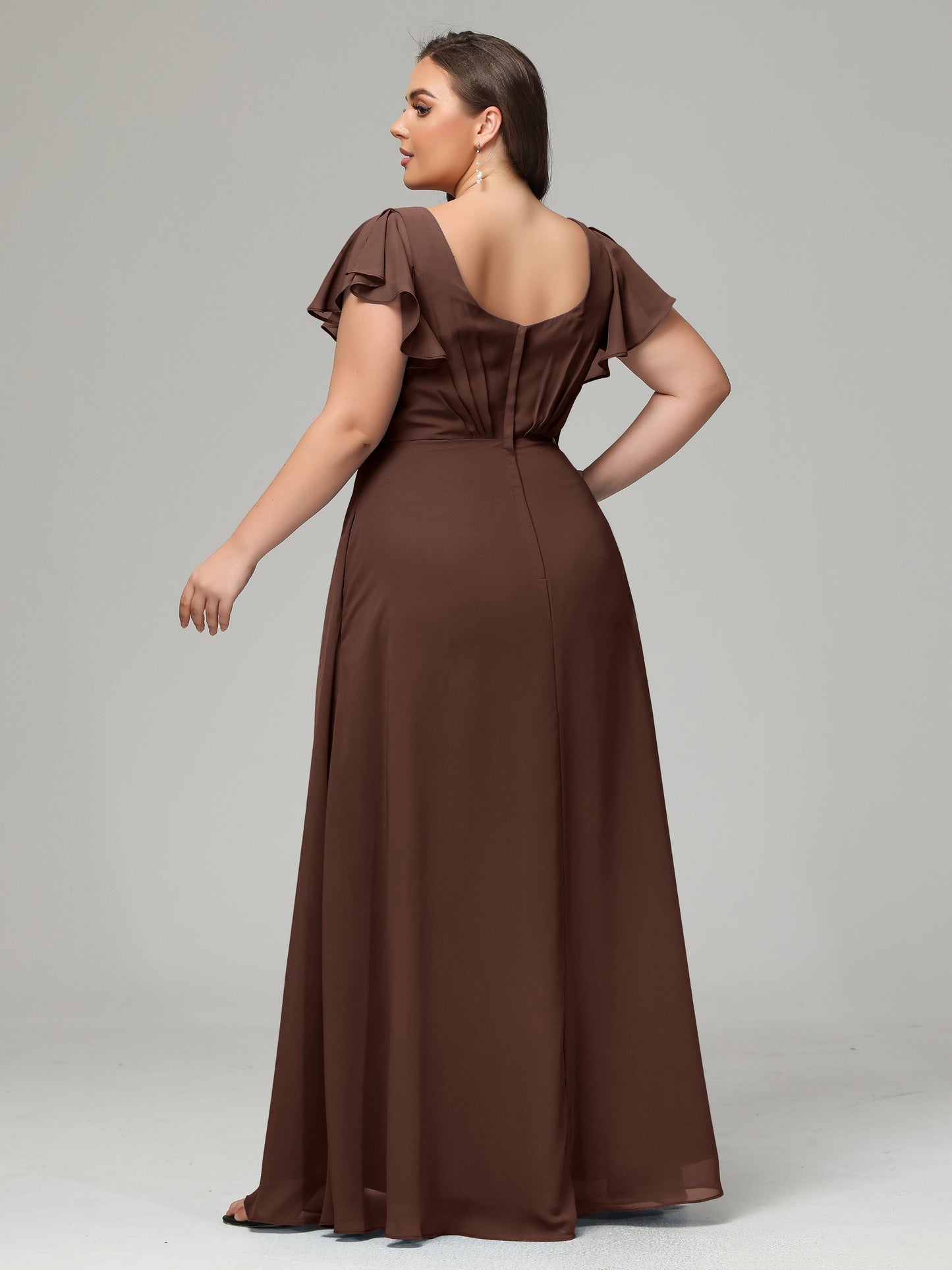V Neck Chiffon Plus Size Long Bridesmaid Dresses with Sleeves