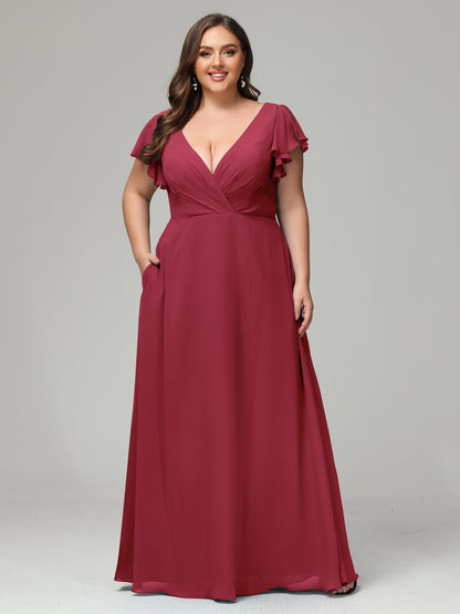 V Neck Chiffon Plus Size Long Bridesmaid Dresses with Sleeves