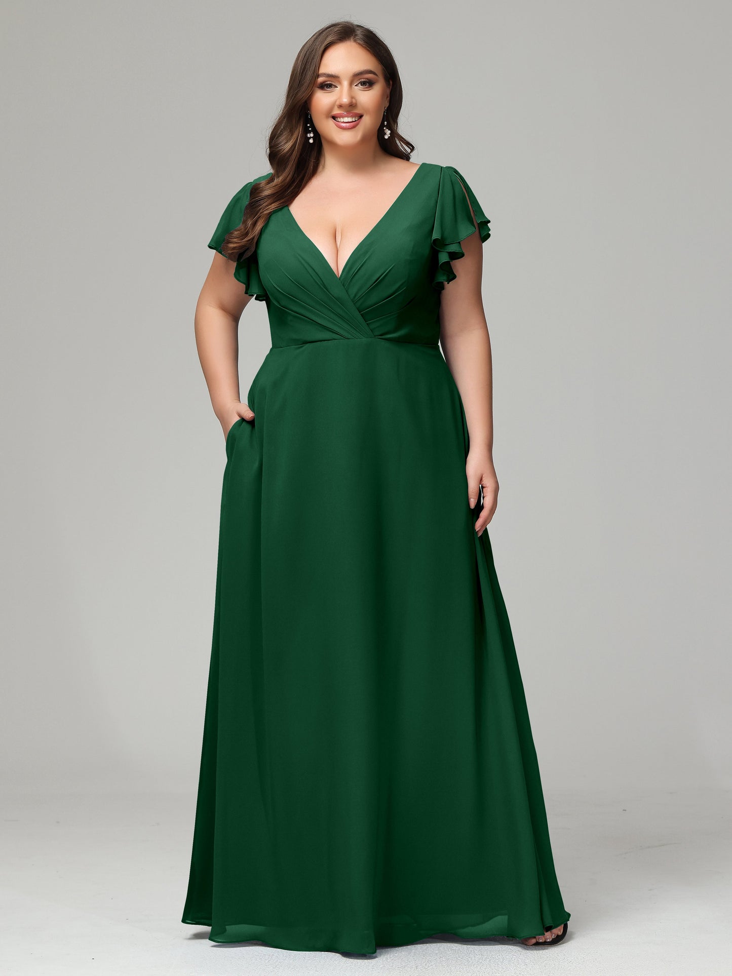 V Neck Chiffon Plus Size Long Bridesmaid Dresses with Sleeves