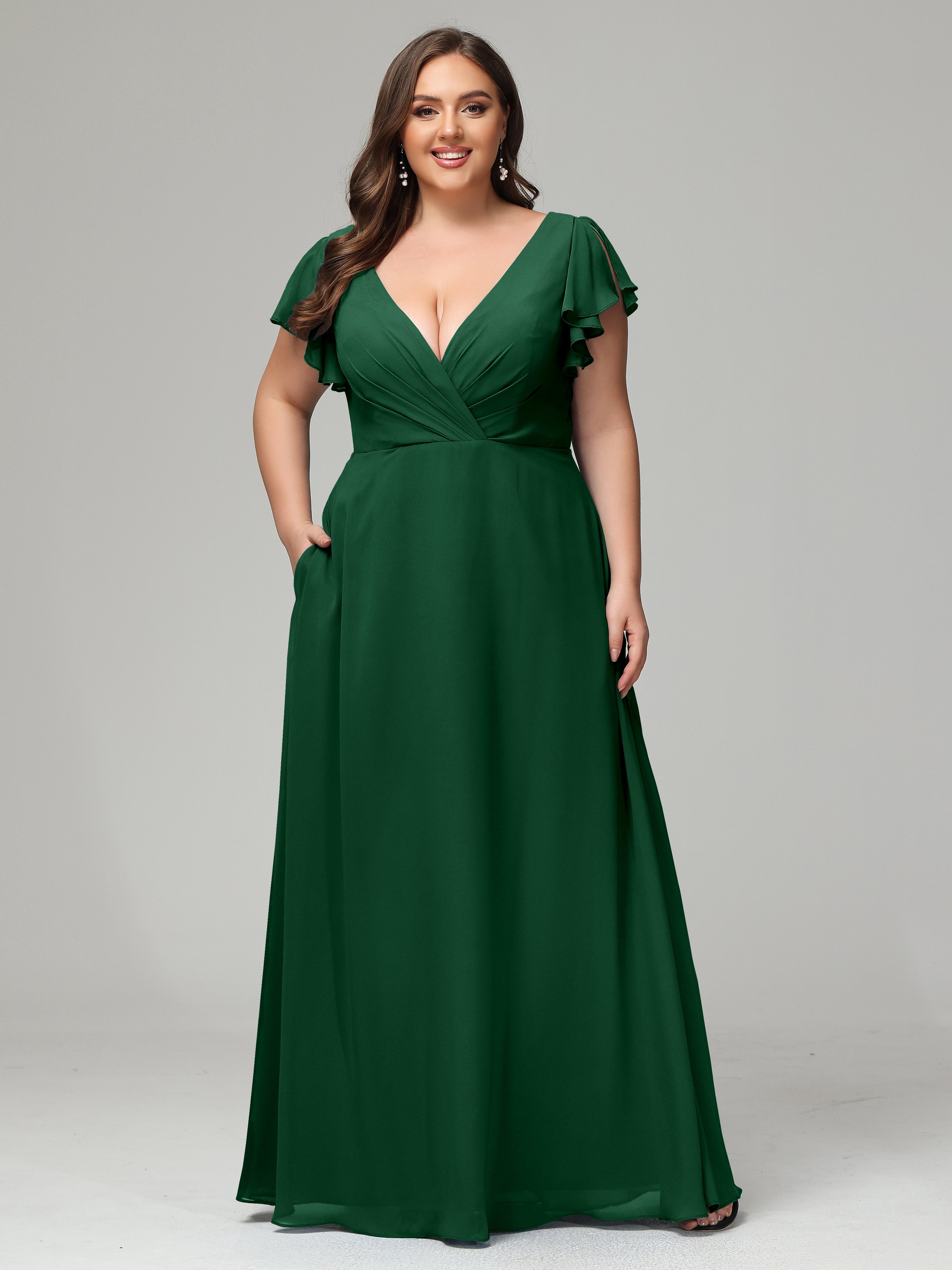 V Neck Chiffon Plus Size Long Bridesmaid Dresses with Sleeves
