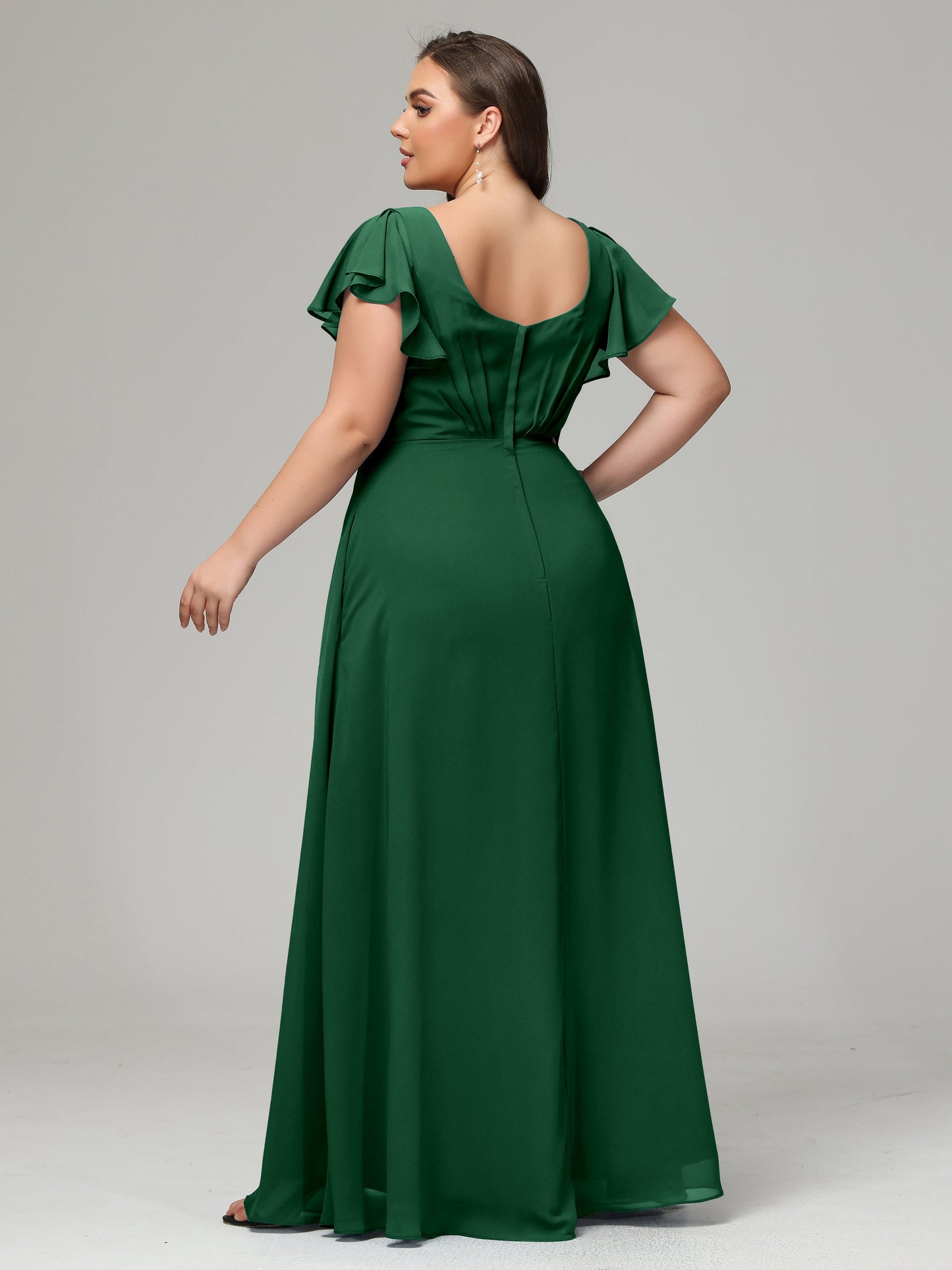 V Neck Chiffon Plus Size Long Bridesmaid Dresses with Sleeves