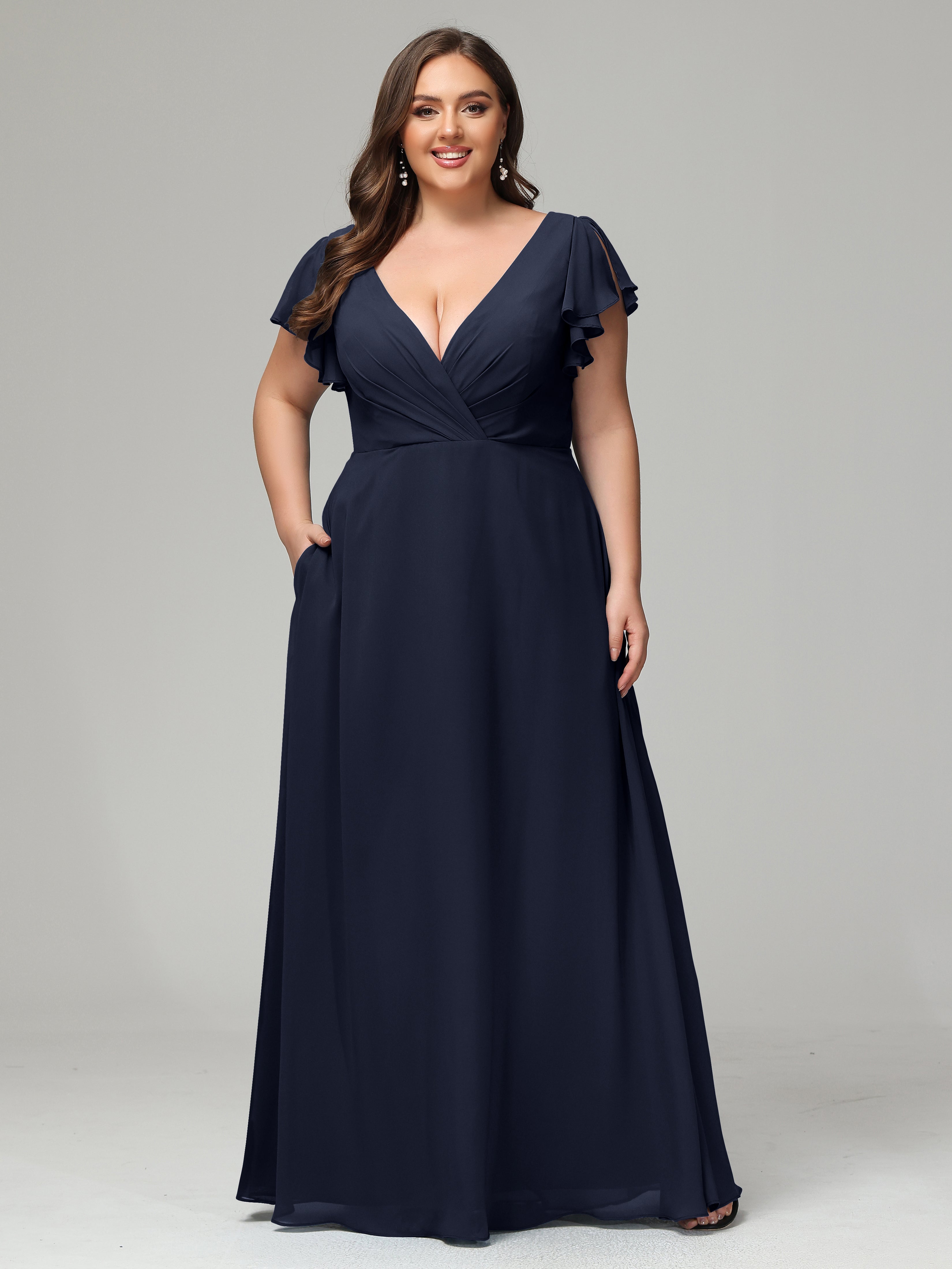 V Neck Chiffon Plus Size Long Bridesmaid Dresses with Sleeves