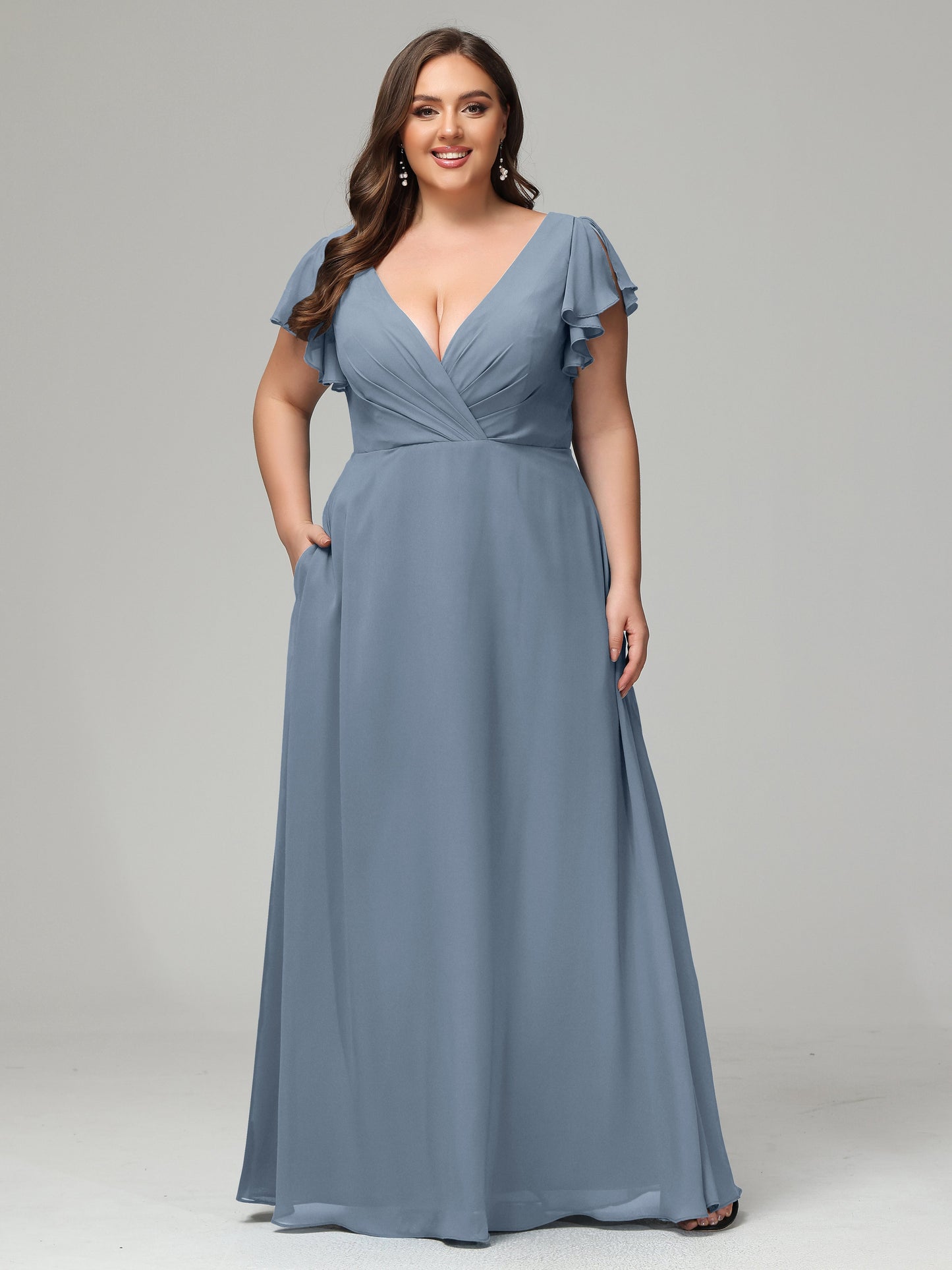 V Neck Chiffon Plus Size Long Bridesmaid Dresses with Sleeves