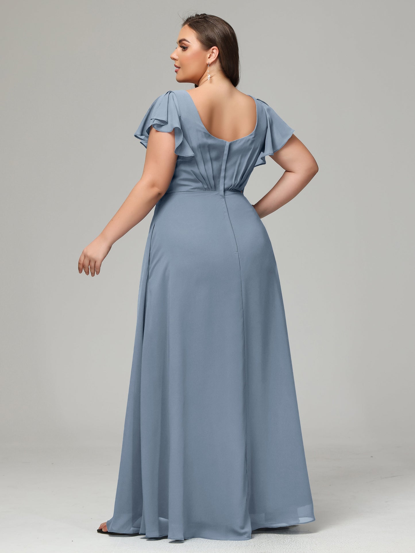 V Neck Chiffon Plus Size Long Bridesmaid Dresses with Sleeves