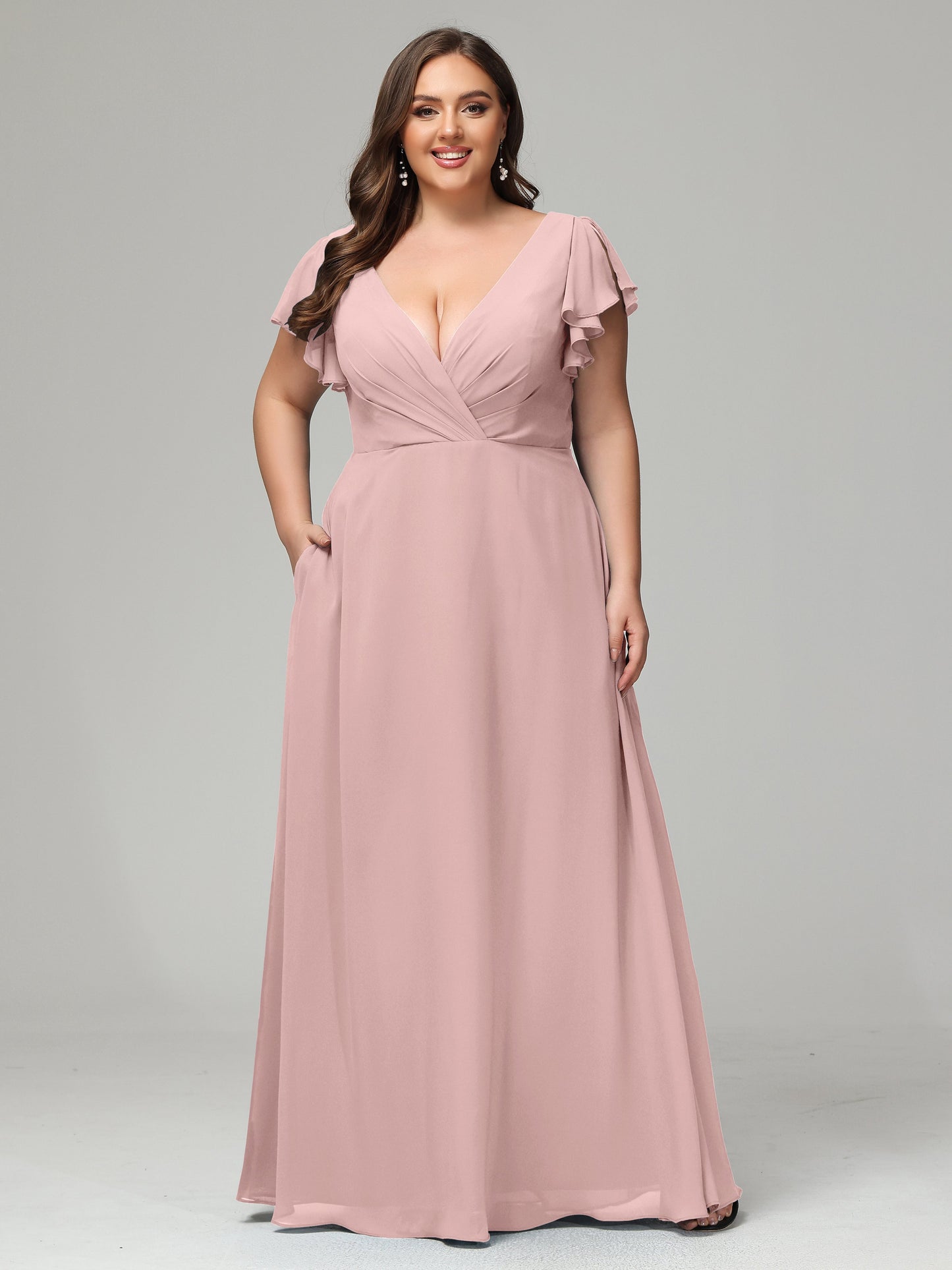 V Neck Chiffon Plus Size Long Bridesmaid Dresses with Sleeves