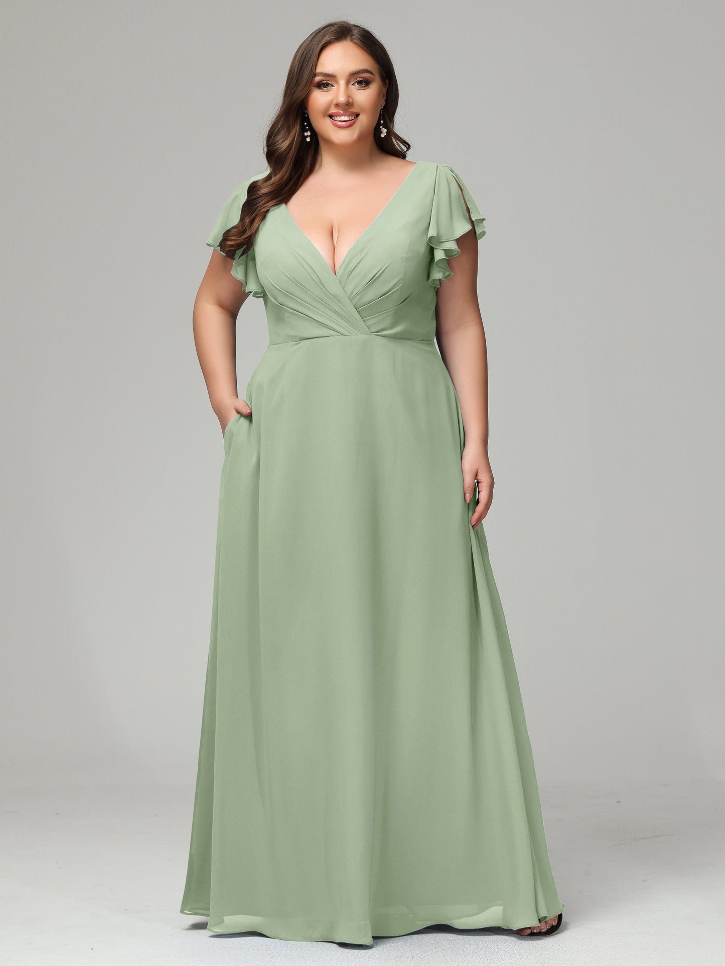V Neck Chiffon Plus Size Long Bridesmaid Dresses with Sleeves