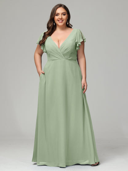 V Neck Chiffon Plus Size Long Bridesmaid Dresses with Sleeves