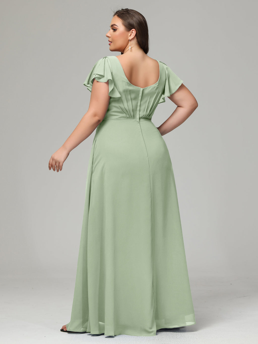 V Neck Chiffon Plus Size Long Bridesmaid Dresses with Sleeves
