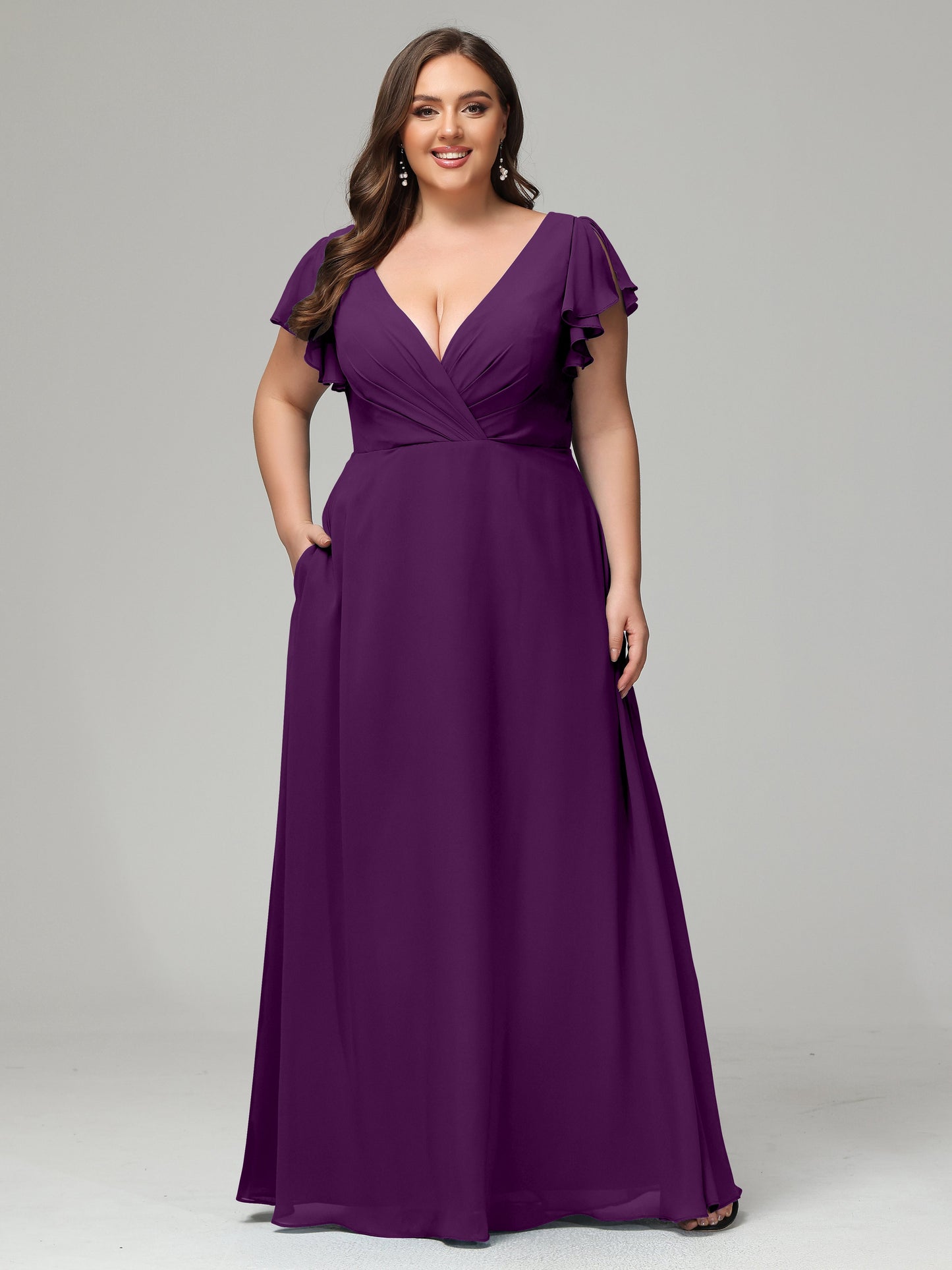 V Neck Chiffon Plus Size Long Bridesmaid Dresses with Sleeves