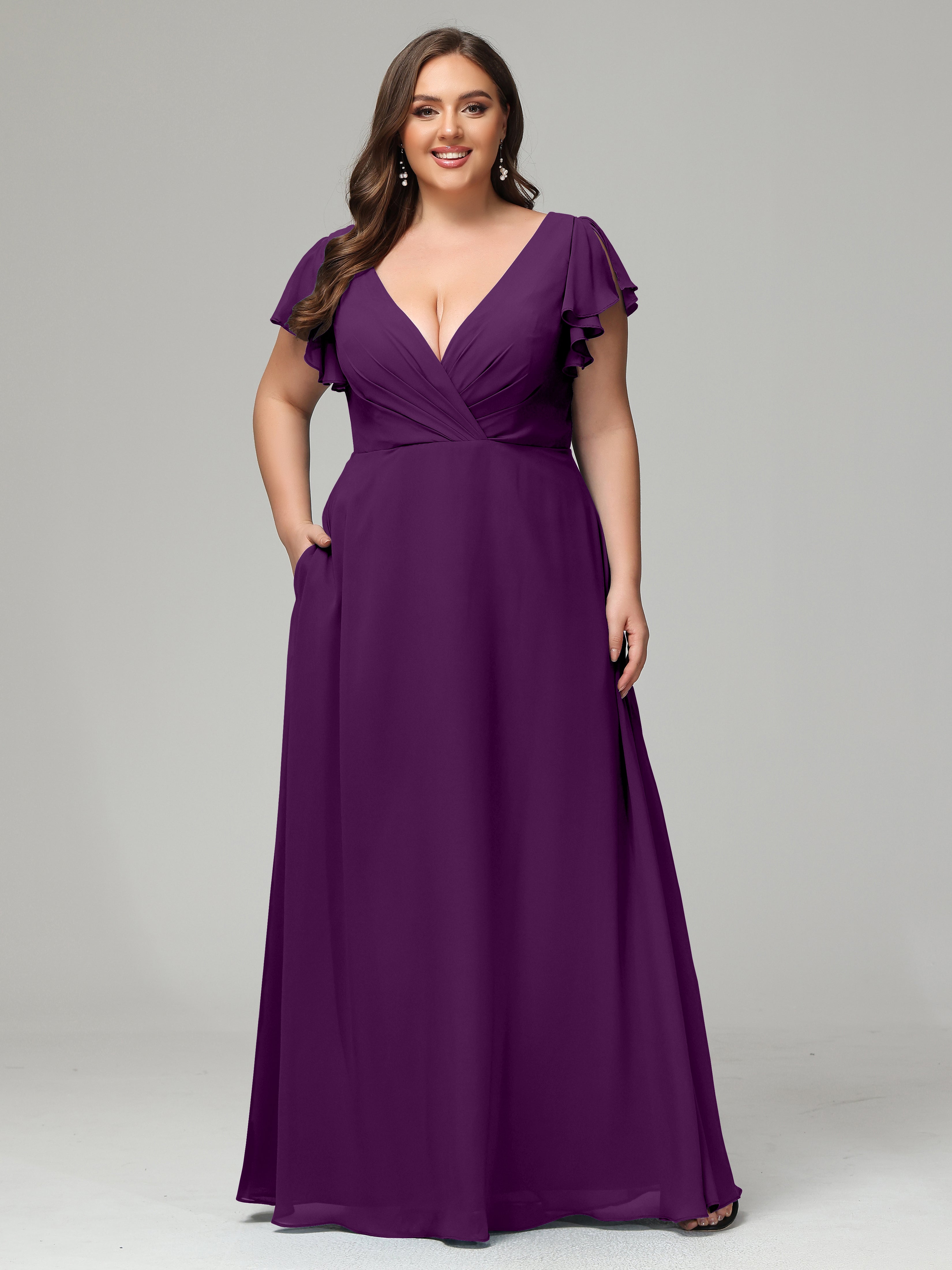 V Neck Chiffon Plus Size Long Bridesmaid Dresses with Sleeves