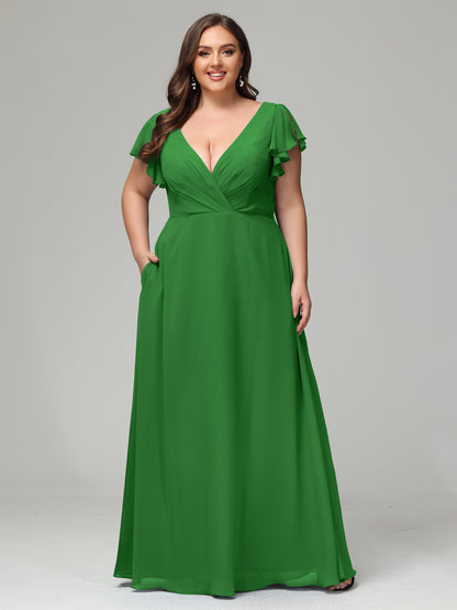 V Neck Chiffon Plus Size Long Bridesmaid Dresses with Sleeves