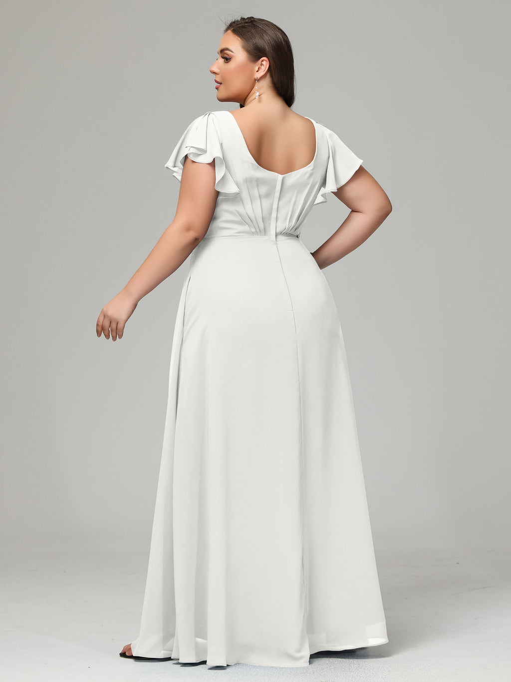 V Neck Chiffon Plus Size Long Bridesmaid Dresses with Sleeves