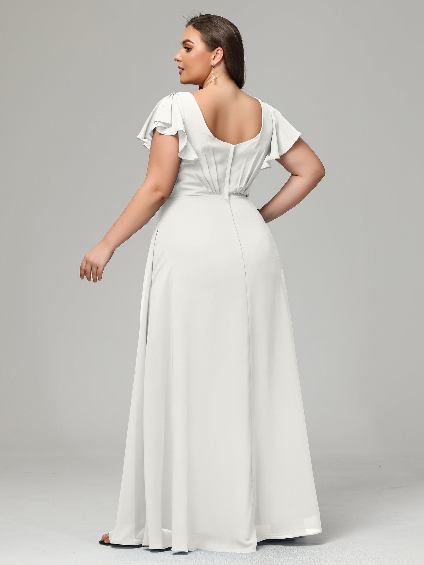 V Neck Chiffon Plus Size Long Bridesmaid Dresses with Sleeves