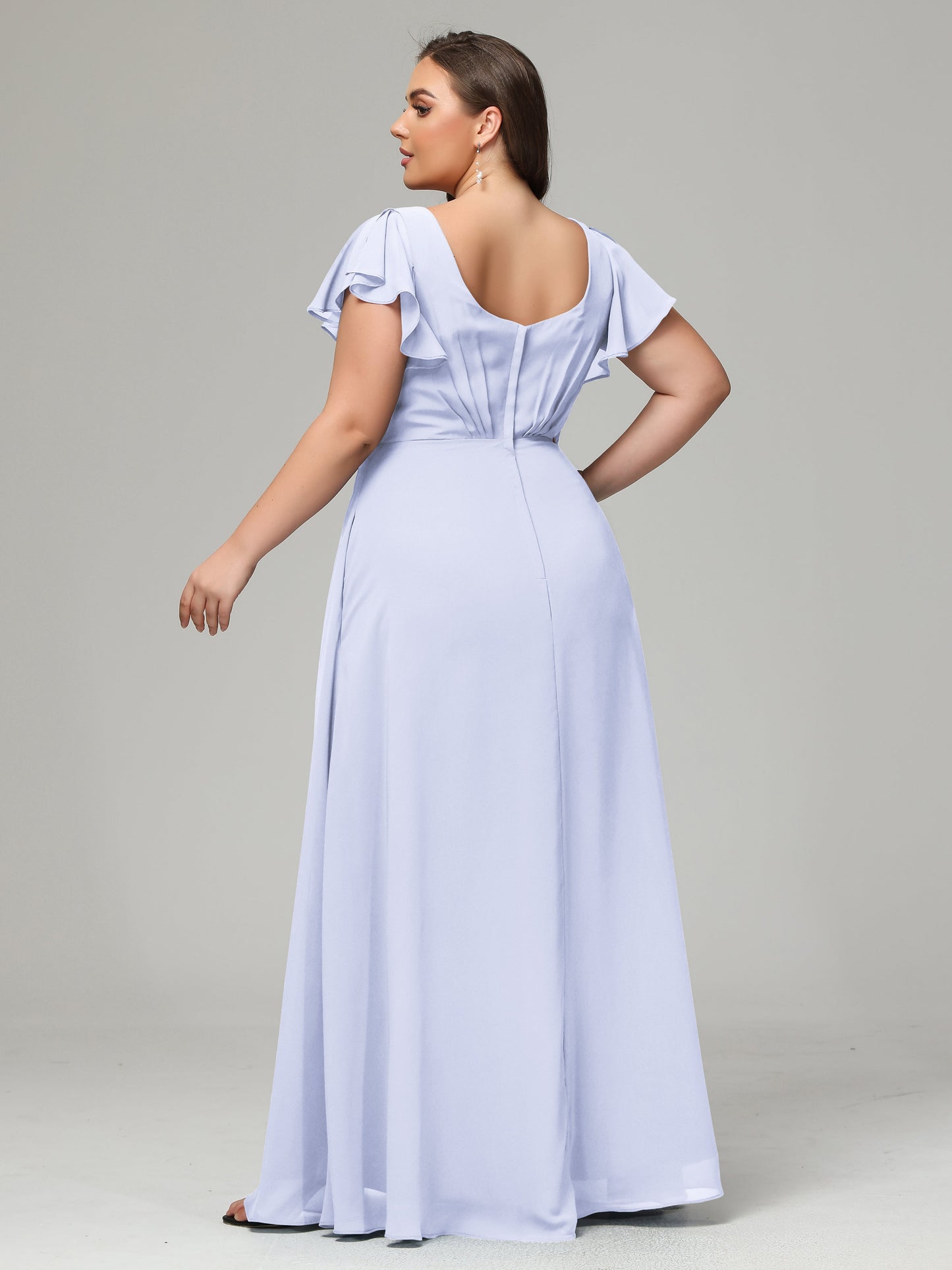 V Neck Chiffon Plus Size Long Bridesmaid Dresses with Sleeves