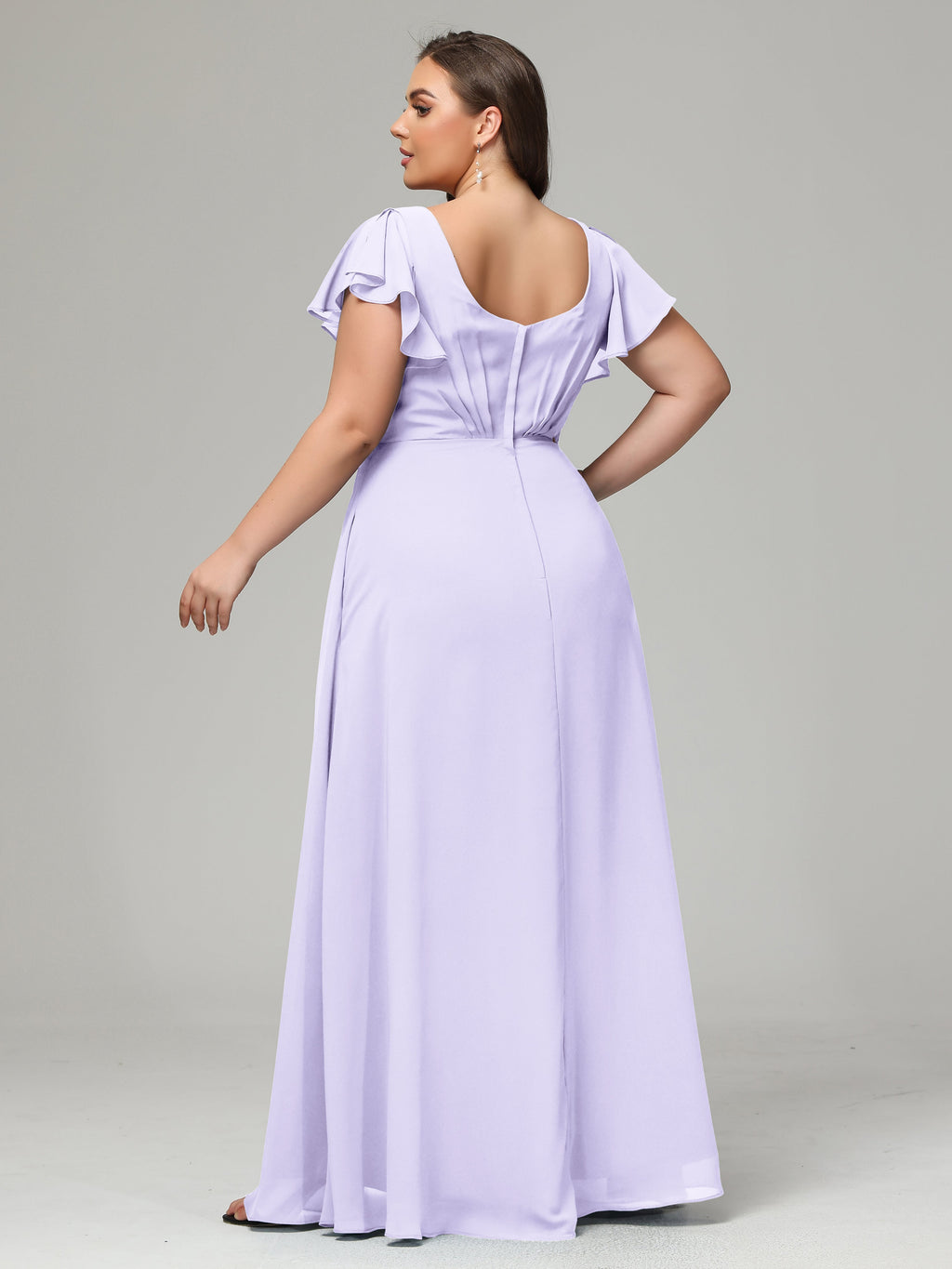 V Neck Chiffon Plus Size Long Bridesmaid Dresses with Sleeves