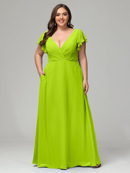 V Neck Chiffon Plus Size Long Bridesmaid Dresses with Sleeves
