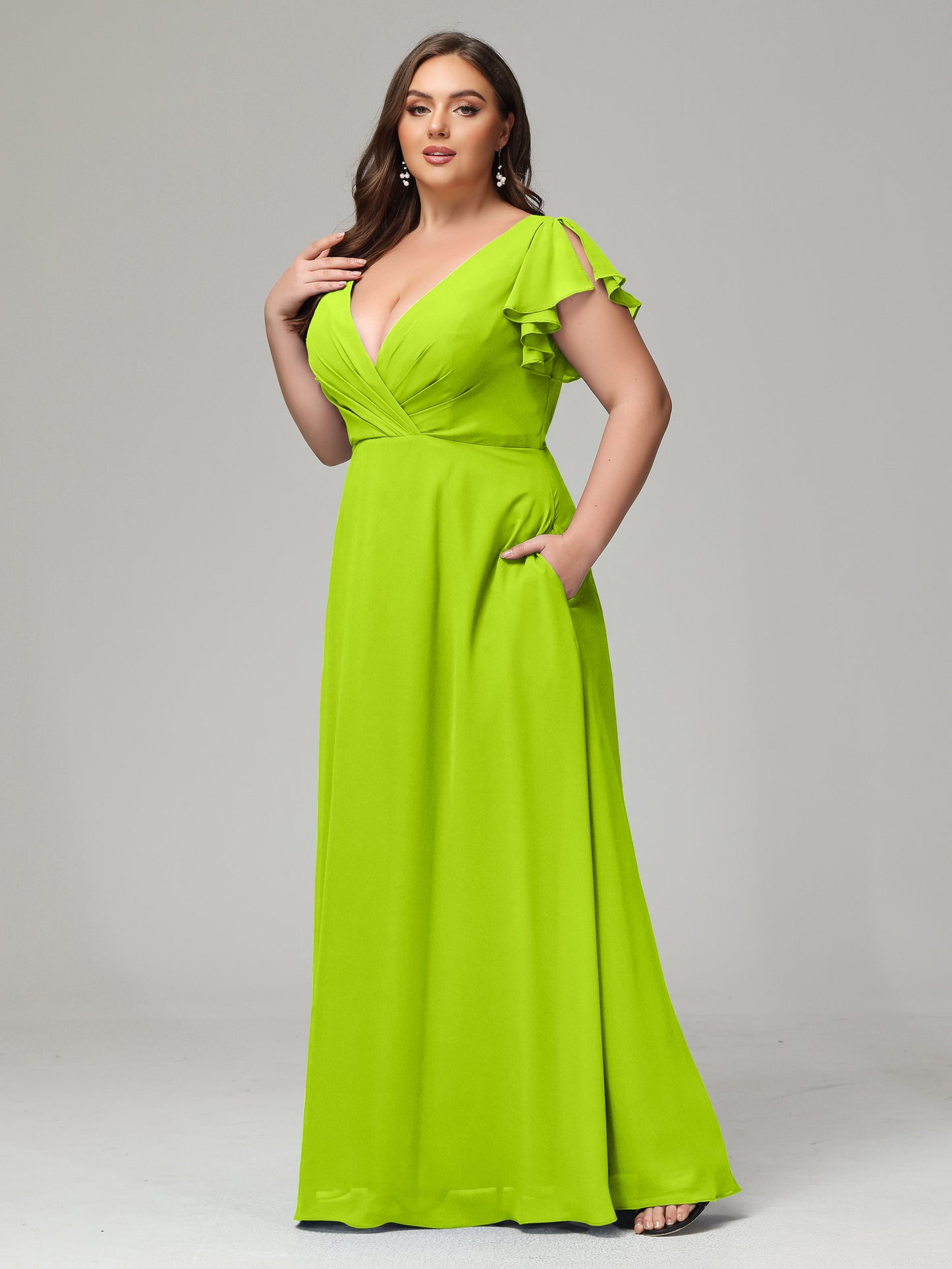 V Neck Chiffon Plus Size Long Bridesmaid Dresses with Sleeves