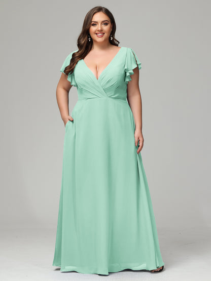 V Neck Chiffon Plus Size Long Bridesmaid Dresses with Sleeves