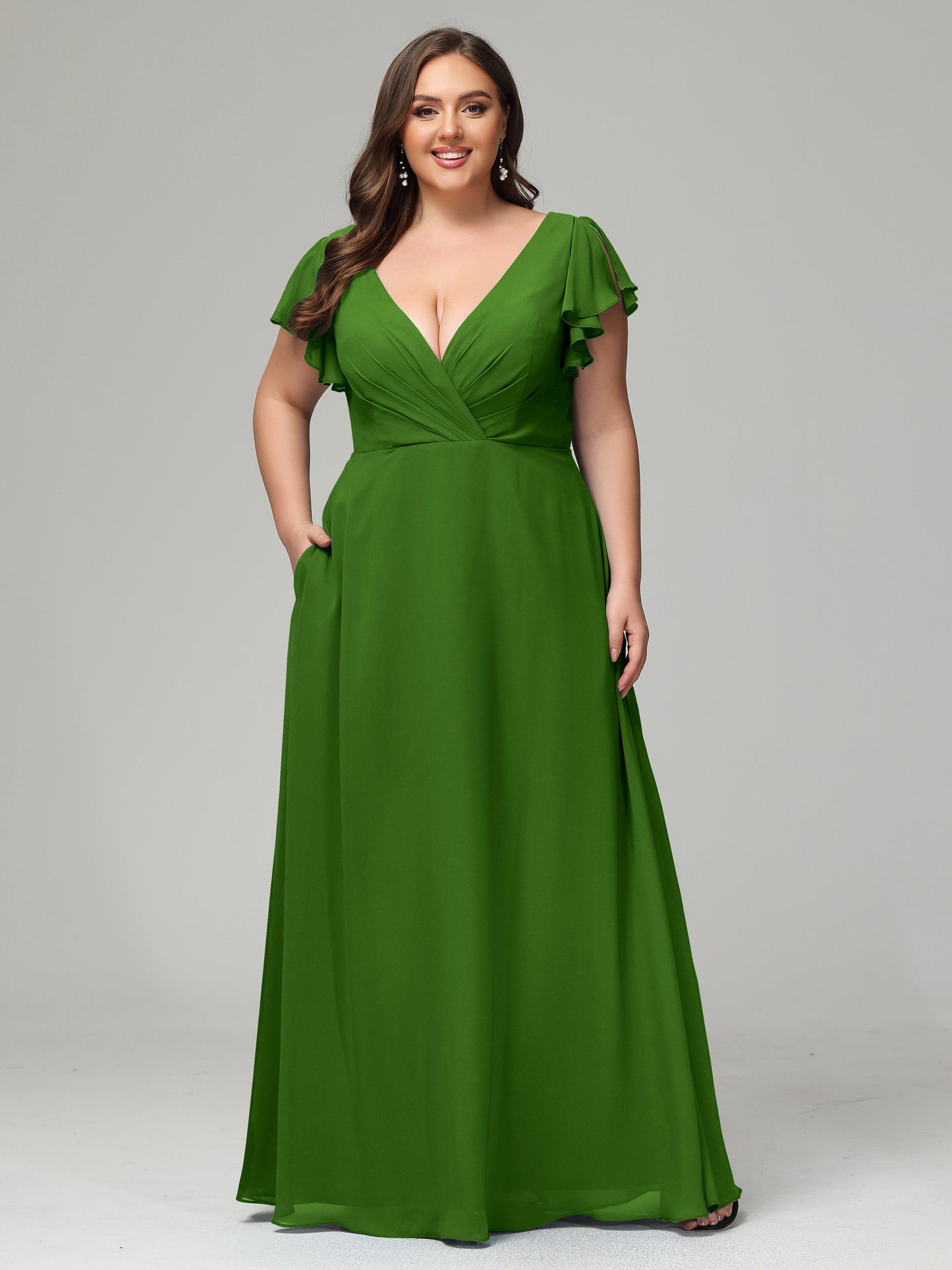 V Neck Chiffon Plus Size Long Bridesmaid Dresses with Sleeves