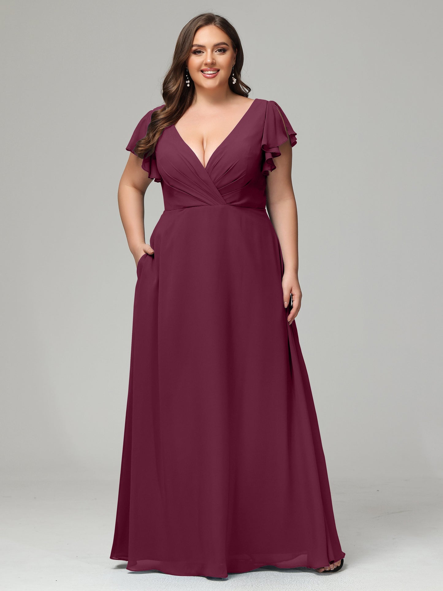 V Neck Chiffon Plus Size Long Bridesmaid Dresses with Sleeves