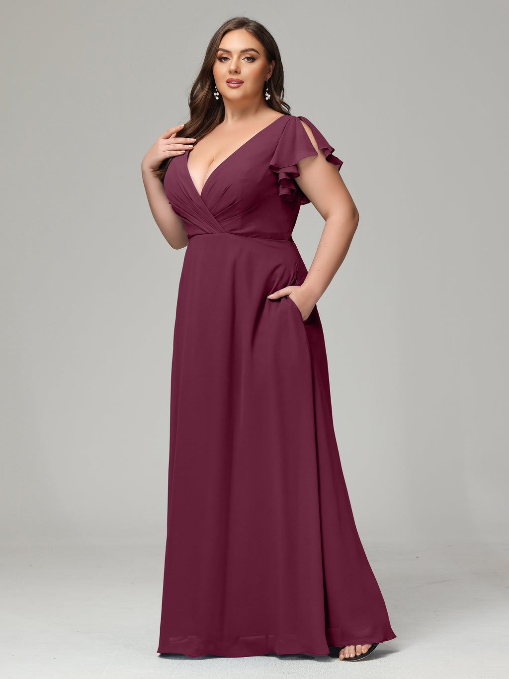 V Neck Chiffon Plus Size Long Bridesmaid Dresses with Sleeves