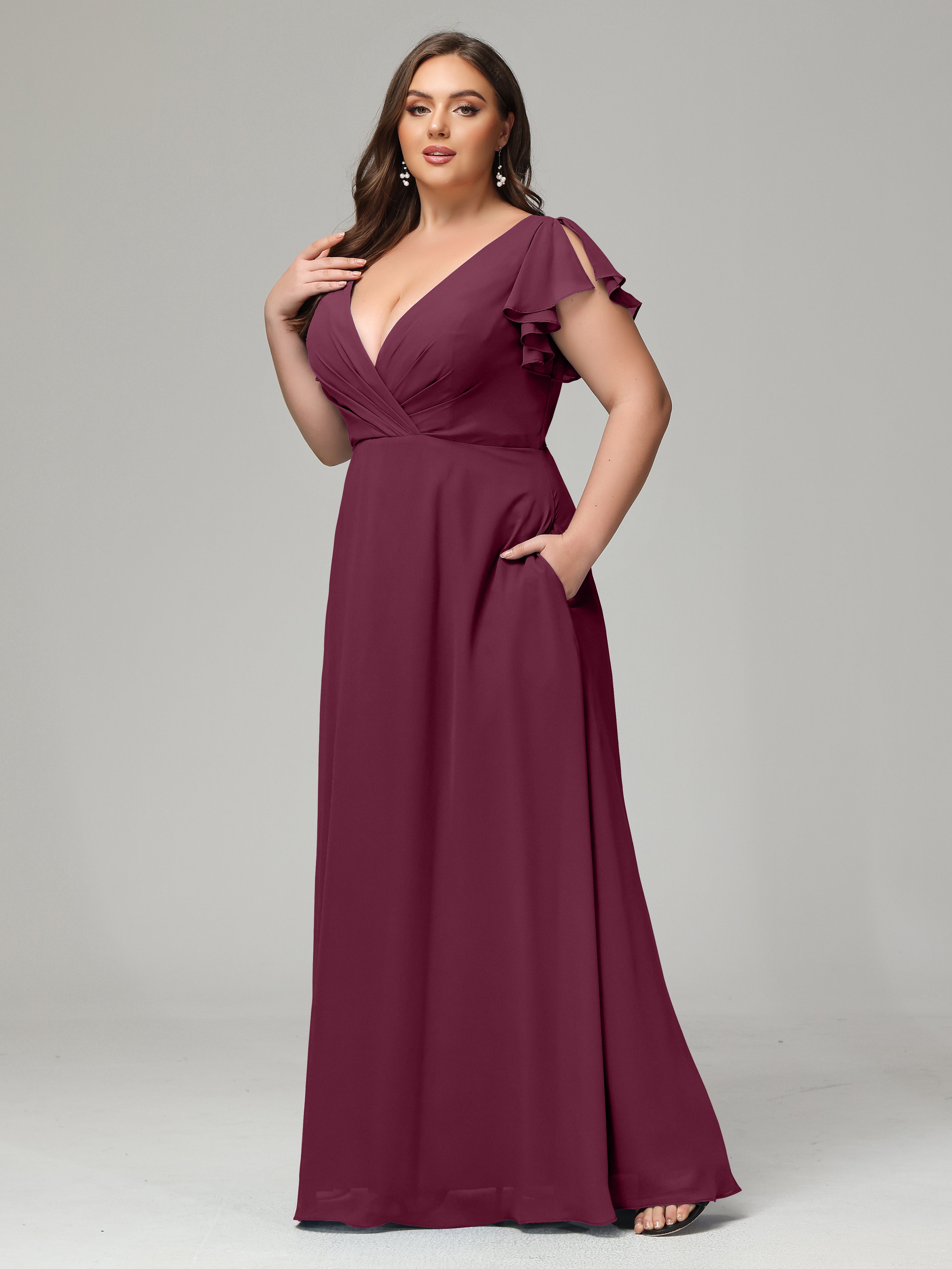 V Neck Chiffon Plus Size Long Bridesmaid Dresses with Sleeves