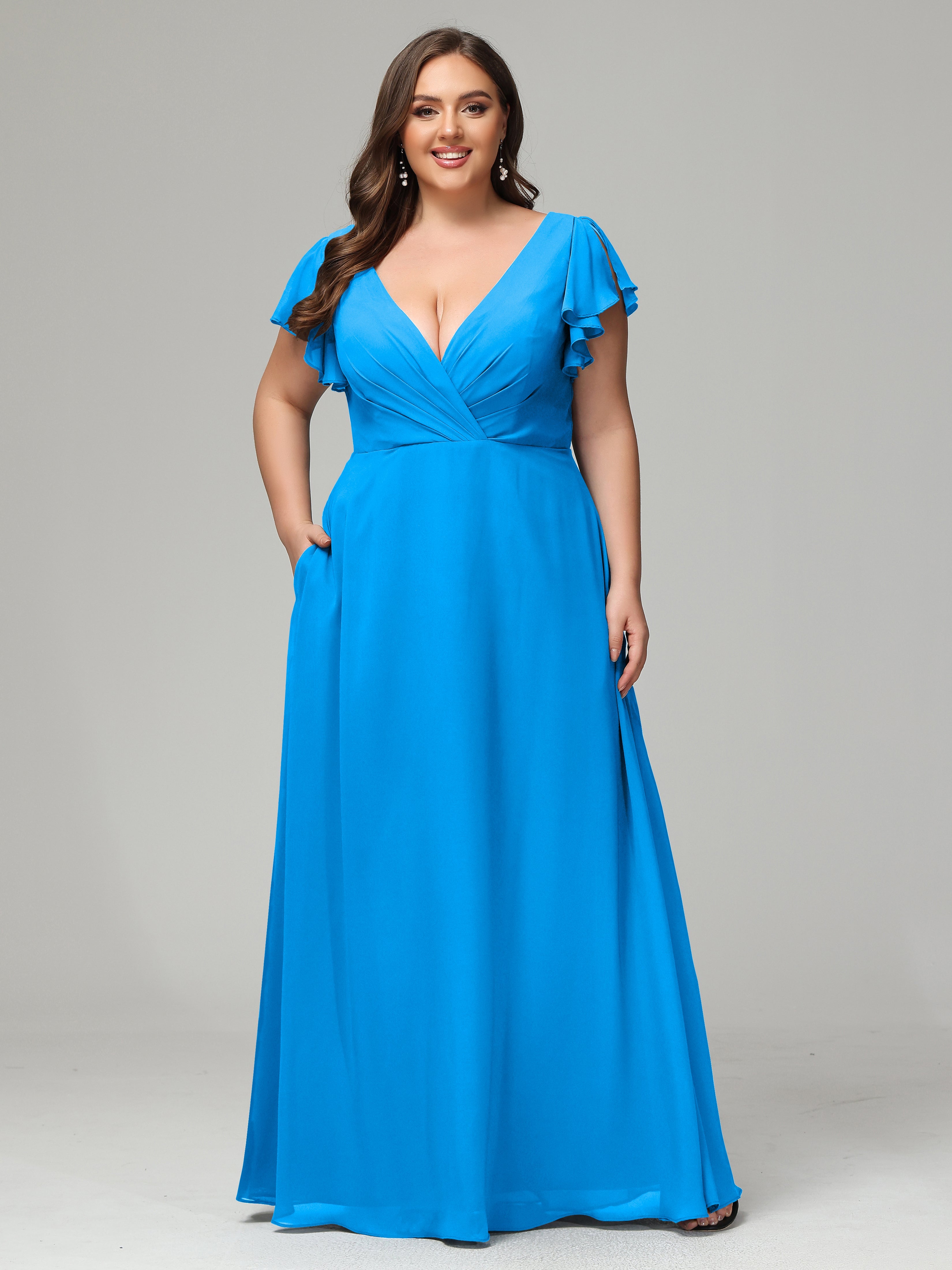 V Neck Chiffon Plus Size Long Bridesmaid Dresses with Sleeves