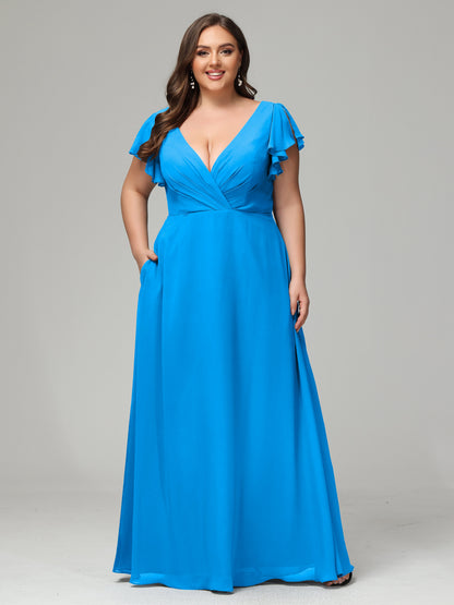 V Neck Chiffon Plus Size Long Bridesmaid Dresses with Sleeves