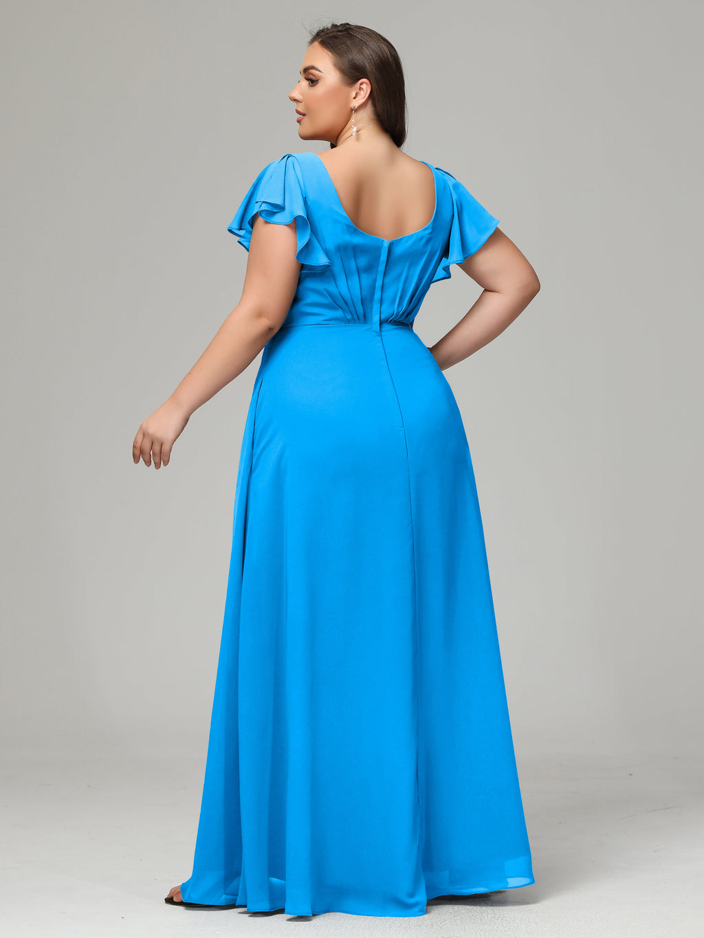 V Neck Chiffon Plus Size Long Bridesmaid Dresses with Sleeves