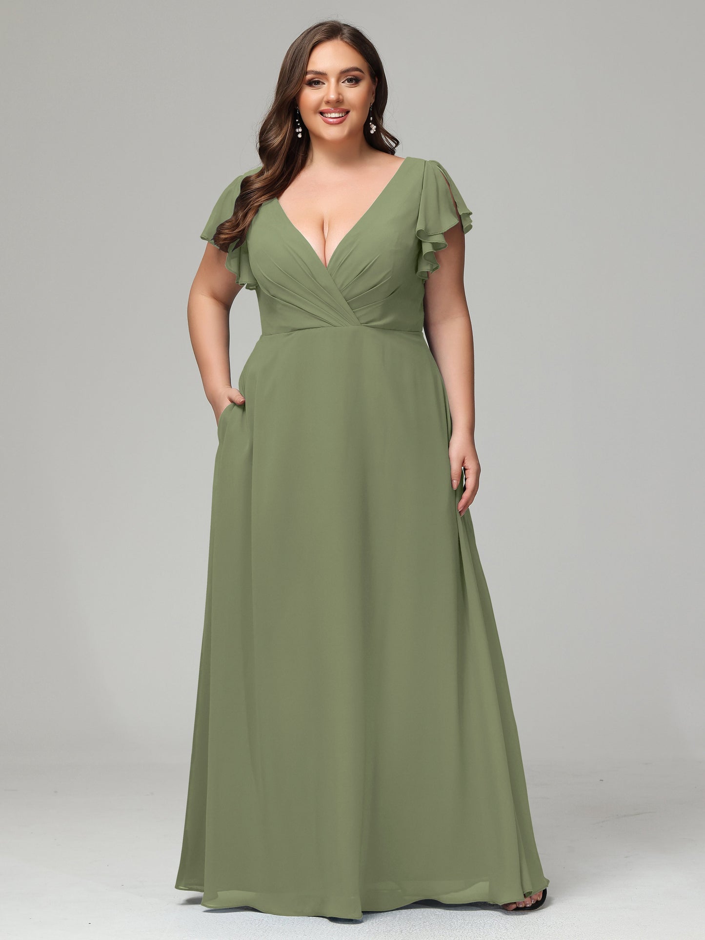 V Neck Chiffon Plus Size Long Bridesmaid Dresses with Sleeves