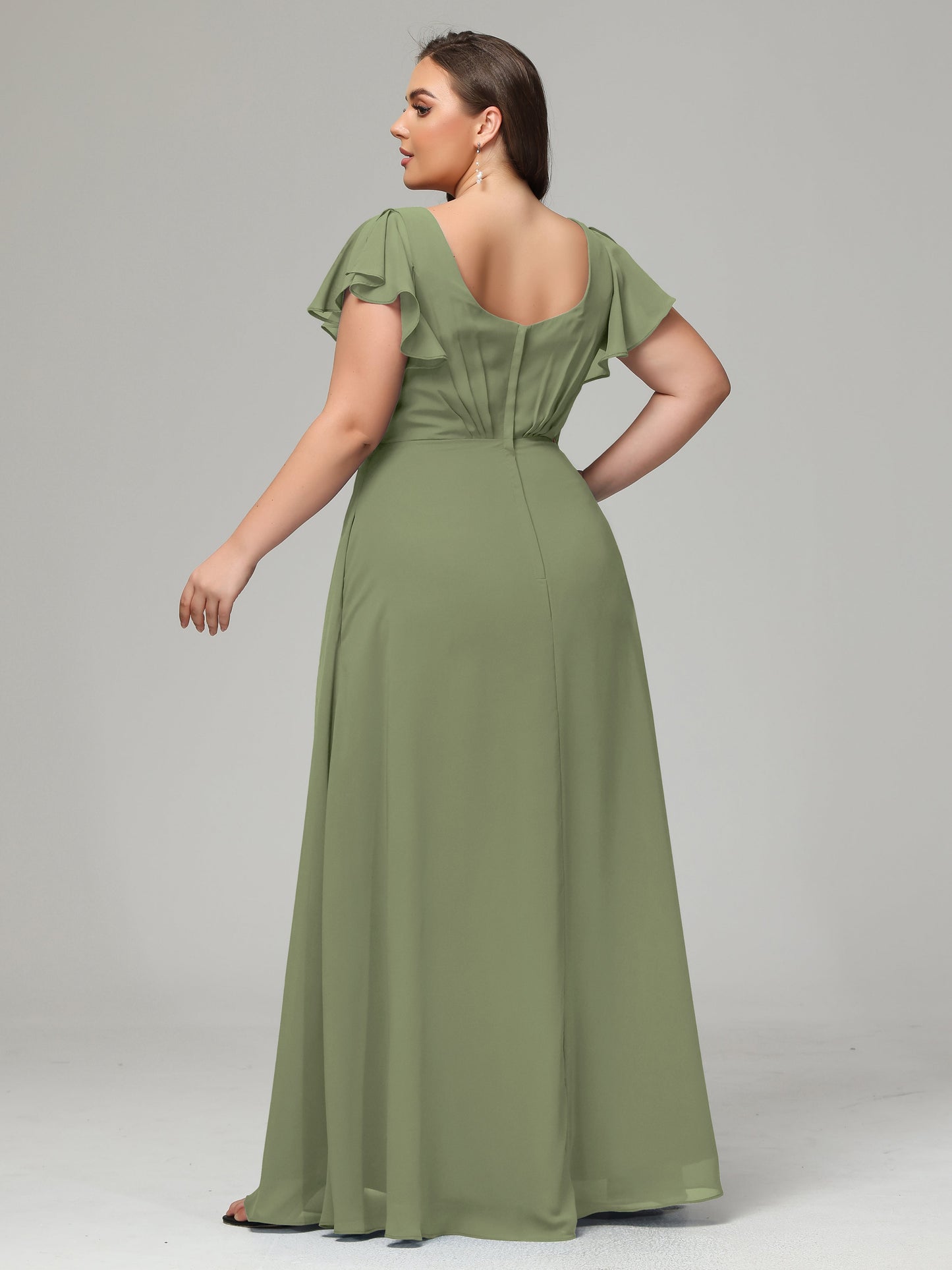 V Neck Chiffon Plus Size Long Bridesmaid Dresses with Sleeves